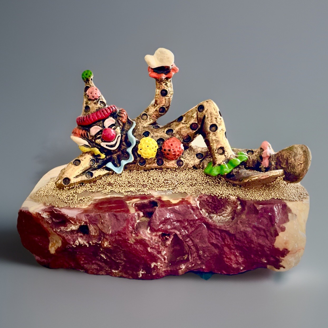 RON LEE Pinky Clown Lying Down Vntg 1980 Signed Sculpture Brass Onyx Enamel Gold