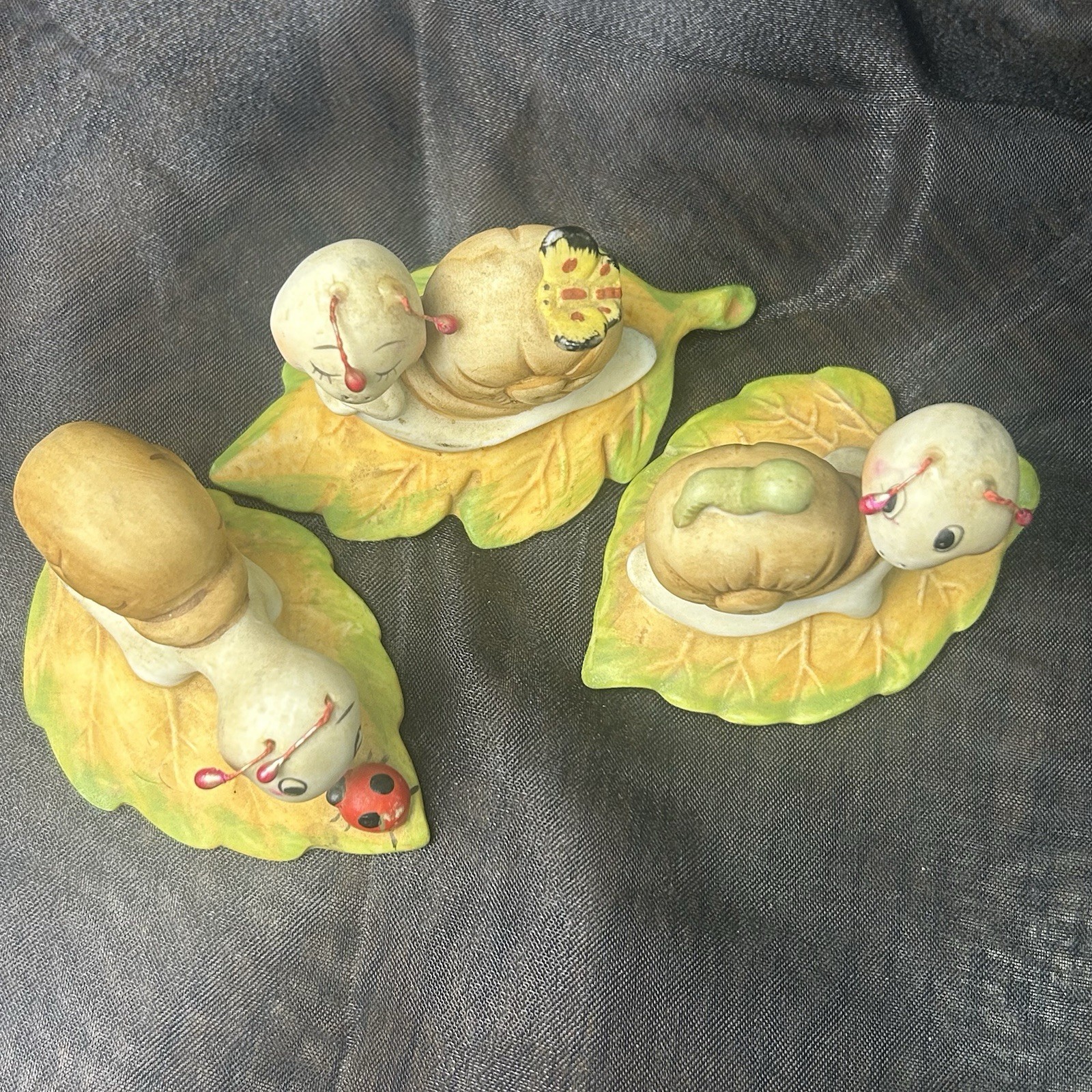 Vintage Homco Bisque Porcelain Garden Critters Snail Set Of 3 (#8902) SEE Pics