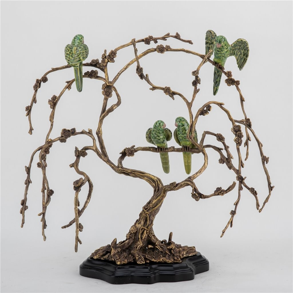 STUNNING PORCELAIN & BRONZE ORMOLU BIRDS ON TREE BRANCH SCULPTURE -18” X 16”H