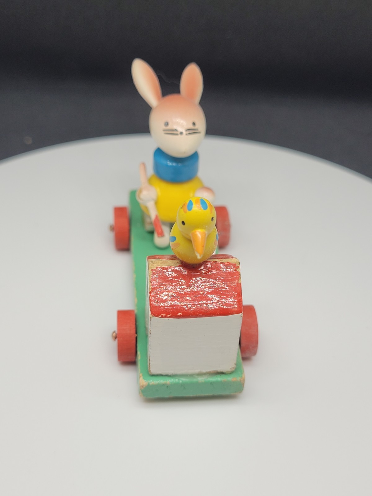Vtg Goula Spain Wood Easter Figure Bunny Rabbit Paints Egg on Wheels Push Toy