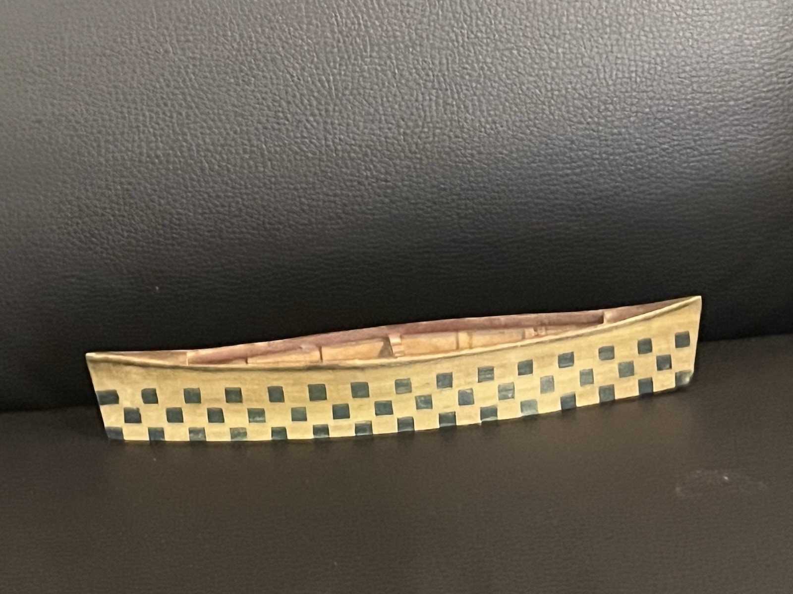 Miniature Decorative Canoe Wood Handcrafted Checkered Hull 9”