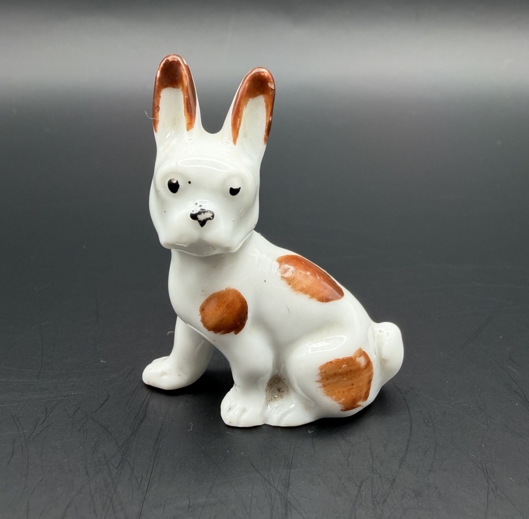 Vintage Germany Porcelain White Brown Terrier Dog Figurine Miniature 2″ Tall
