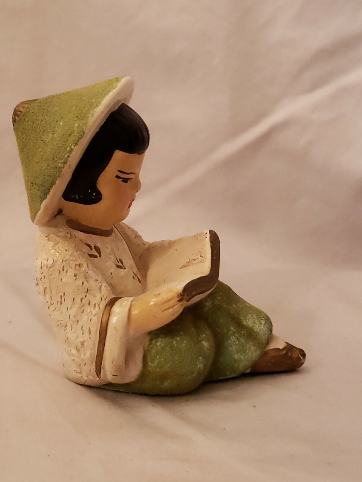Vintage Coventry Ware Green and White Reading Asian Woman Chalkware Figurine