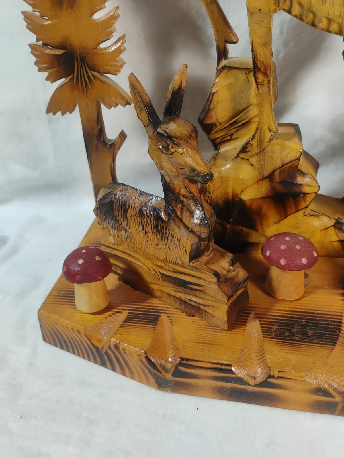 Vintage Hand Carved Wood Deer Buck Forest Scene Folk Art Marked Home Decor