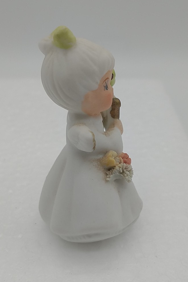 Napcoware Figurine Angel Girl Music Harp White Bone China Miniature Green Bird