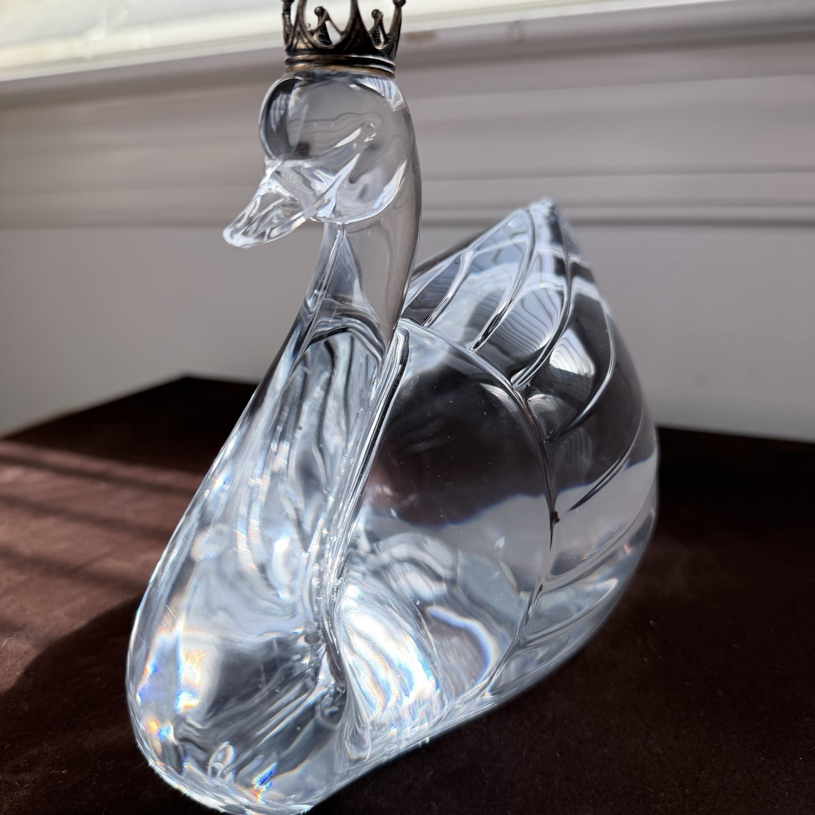 Lead Crystal Swan Figurine With Golden Crown Statue, Made in France