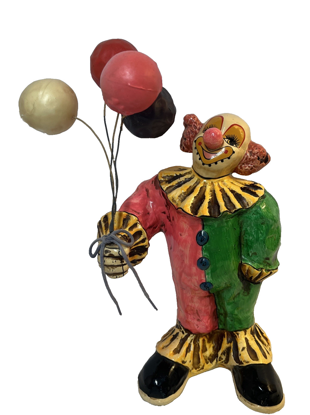 Vintage Ceramic Circus Clown Figurine Paper Balloons 11″ Colorful Retro Statue