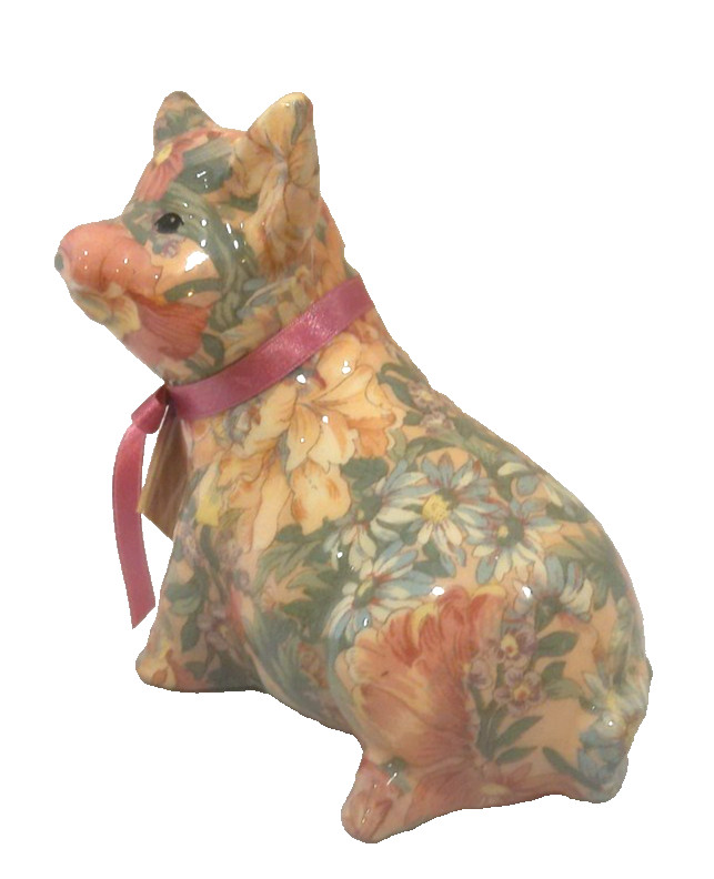 Vintage Porcelain Patchworks Joan Baker Designs Floral Pig Figurine Tags