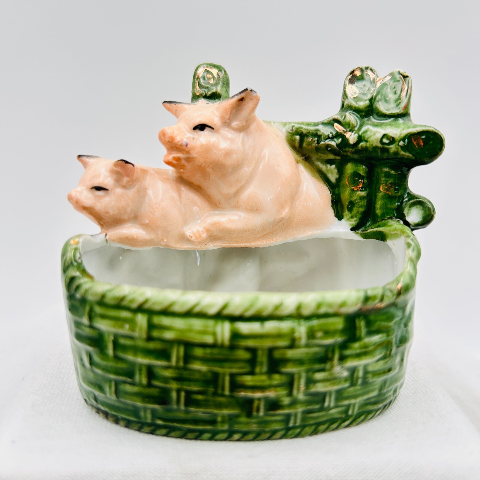 Antique Fairing German Porcelain Two Pigs in a Basket Figurine Planter 3D EUC