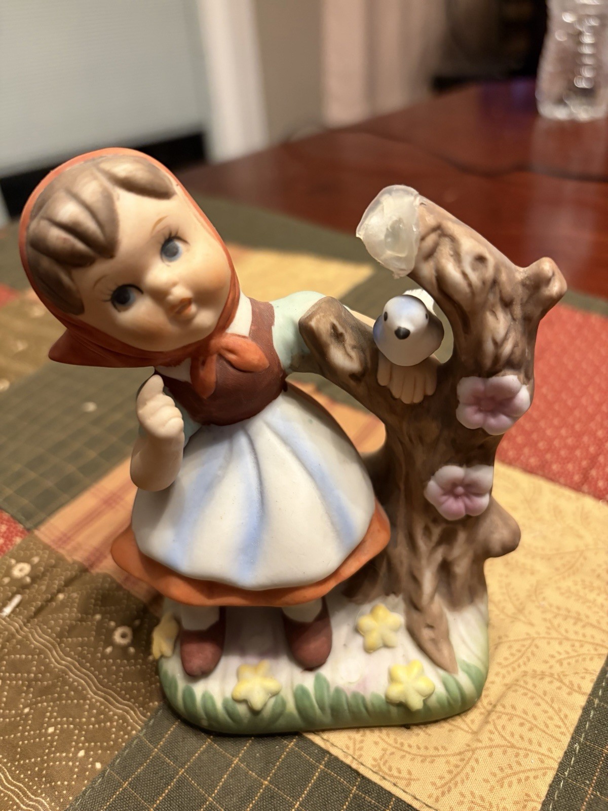 Ebia Porcelain Figurine Girl with Bird and Tree Multicolor People Animals Decor