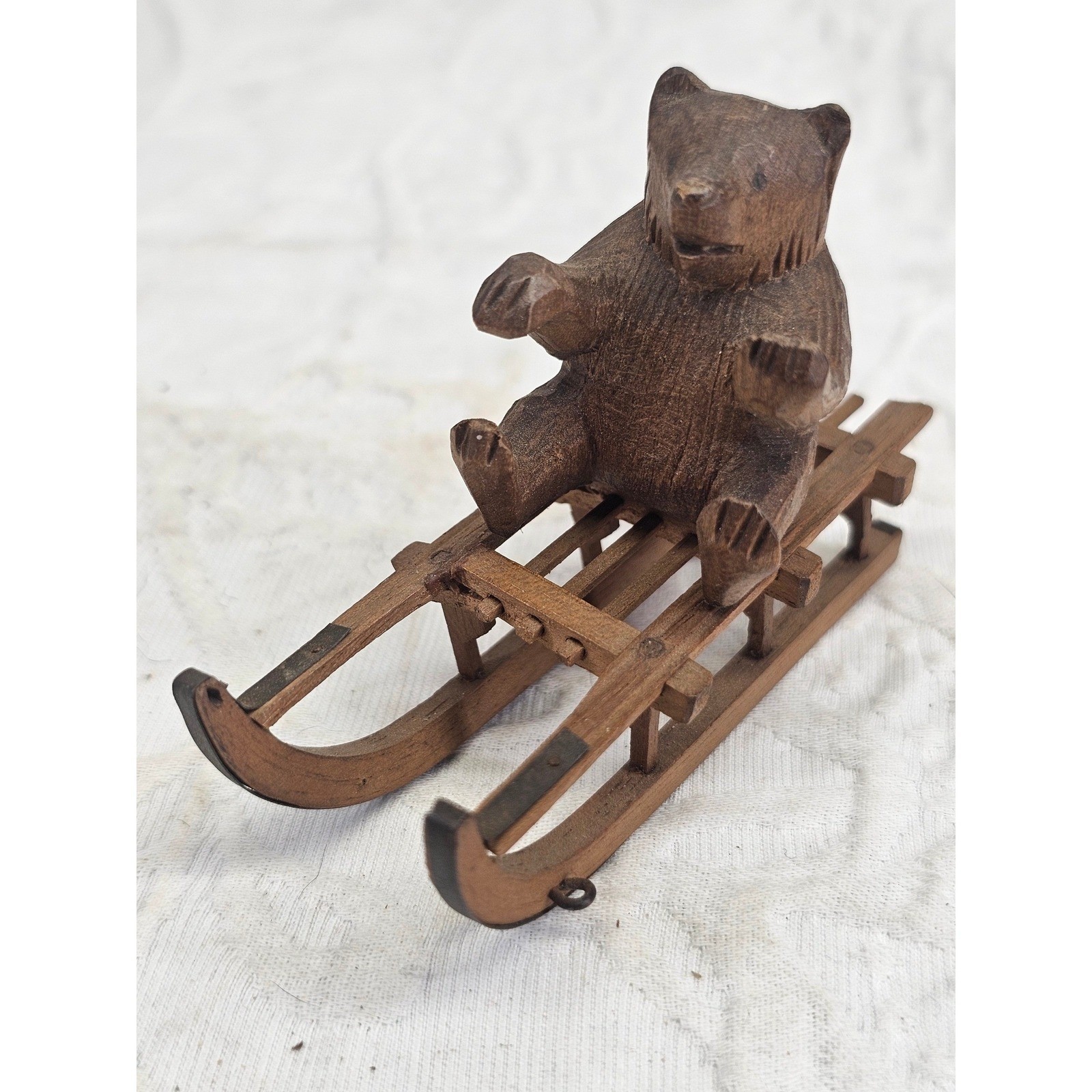 Black Forest Bear on Sled Figurine Antique 1920s linden Wood Hand Carved 3in