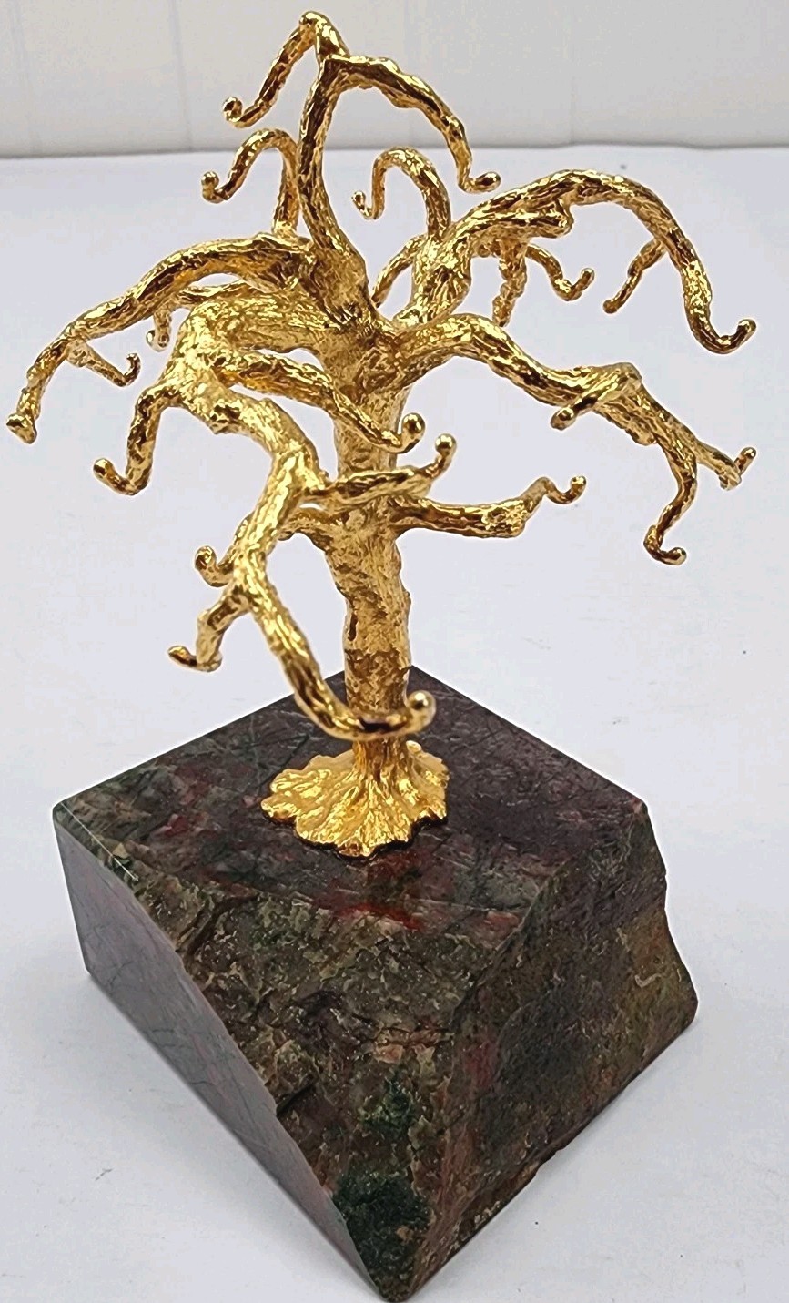 Vintage Gold Gilded Metal Bonsai Tree Sculpture on Polished Stone Ring Holder