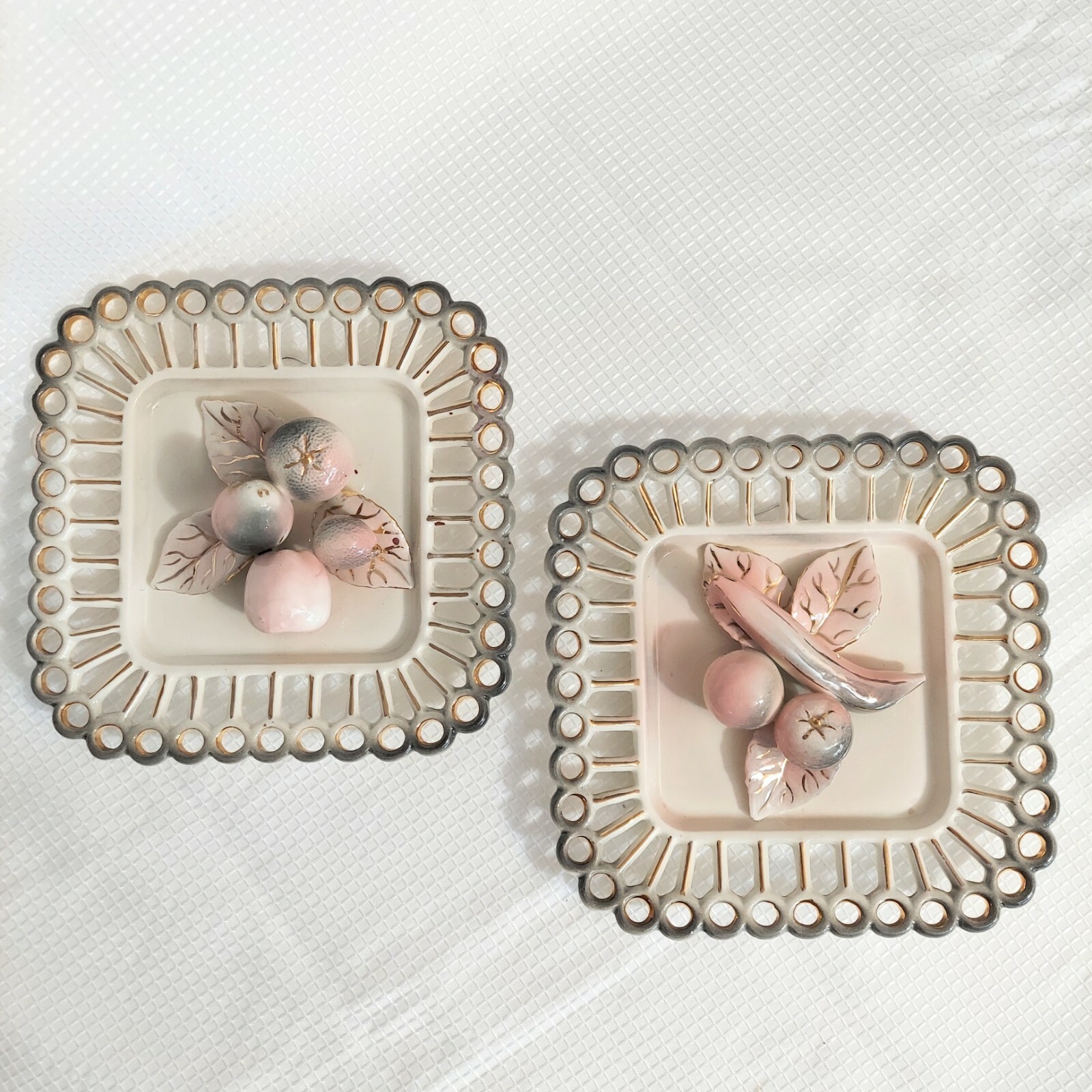 Vtg Luster Fruit Wall Art Porcelain Pottery Laced Border Pink Gold 1950s Kitsch