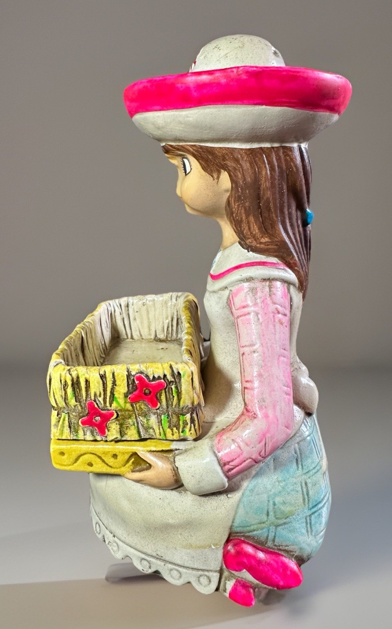 Vintage Chalkware Carl Bernard Japan Girl Planter Big Eyes Bonnet Kitsch 1950s