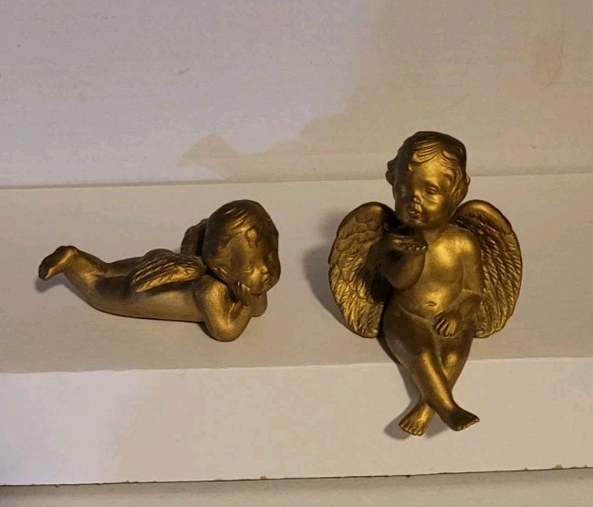 Vintage Angel Cherub Figurines Gold Colored Ceramic 2 Pc. Lot