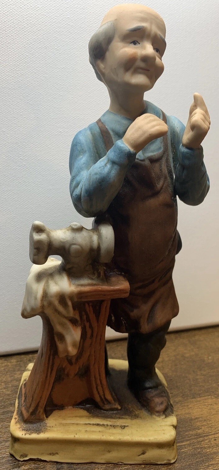 OLD MAN FIGURINE WITH SEWING MACHINE VINTAGE Marked Fine Porcelain