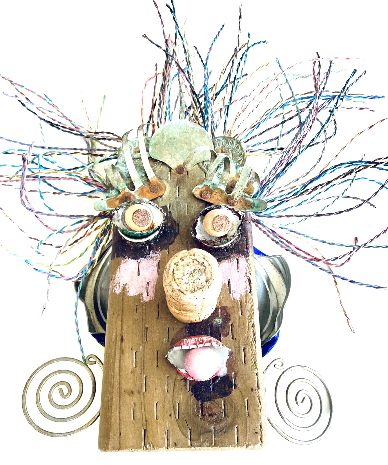Edddy Sculpture 13″ Reclaimed Wood Make-Up Face Folk Outsider Art Drag Jewelry