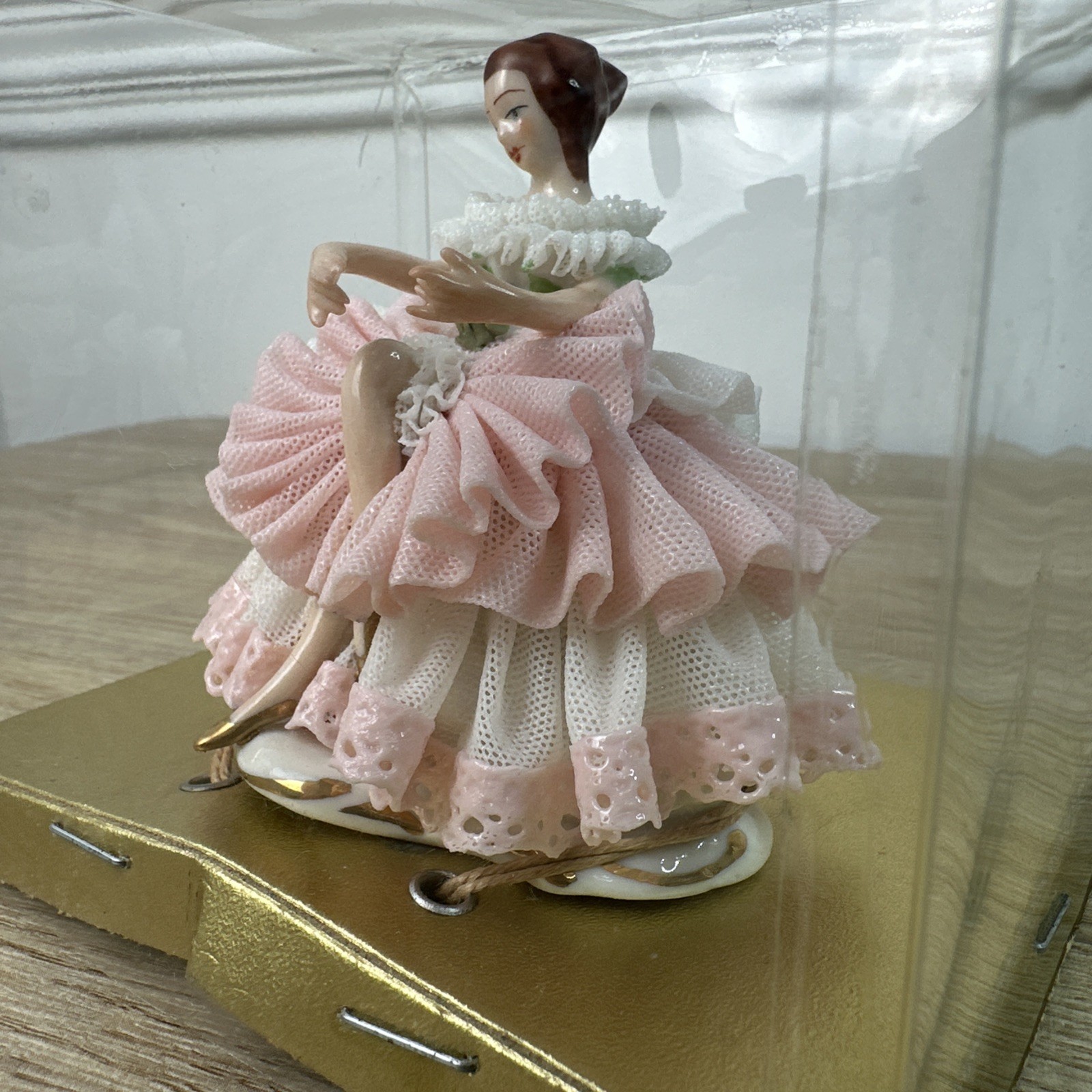 Vintage German Dresden Lace Ballerina Figurine Pink Tutu 3″ In Original Box NIB