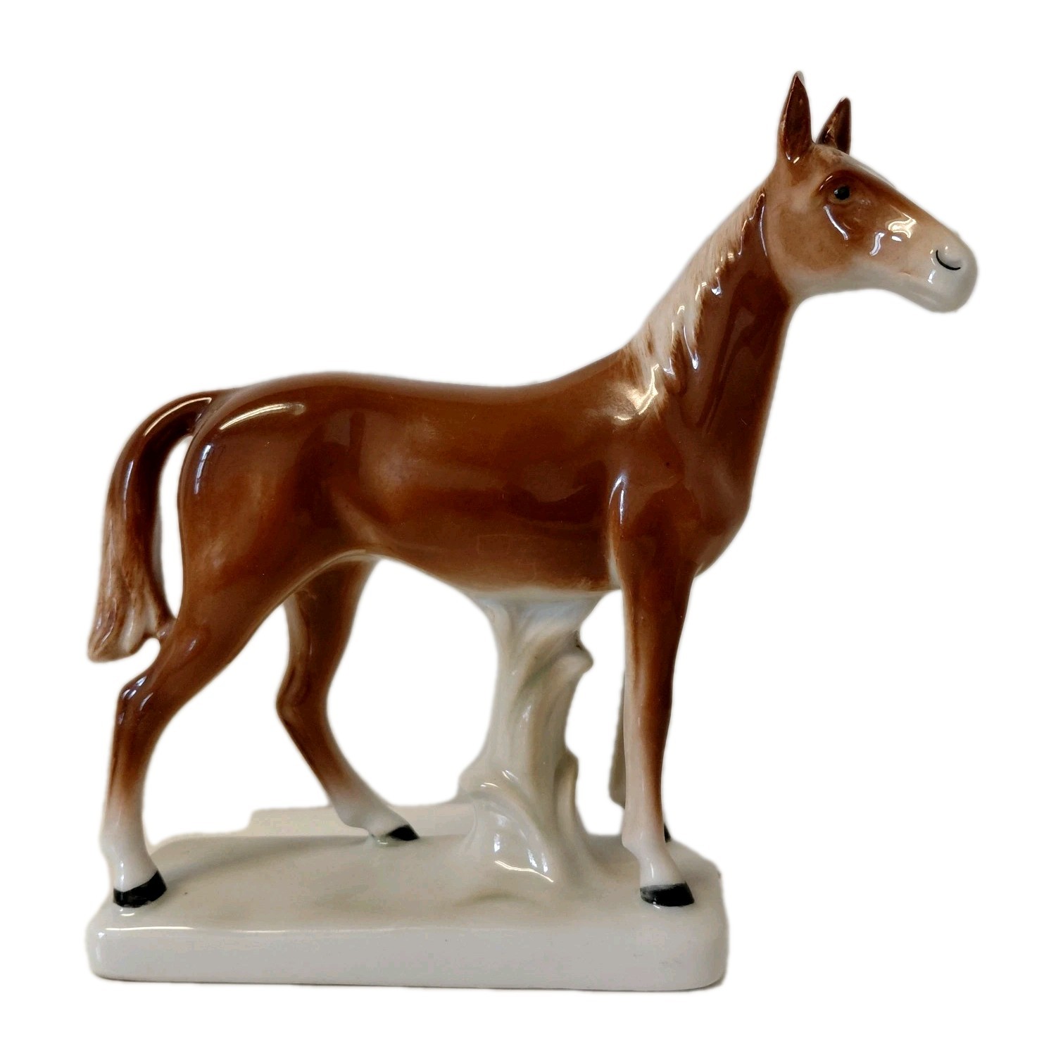 German Pottery Horse Figurine Backstamp Porcelain Brown & White Germany