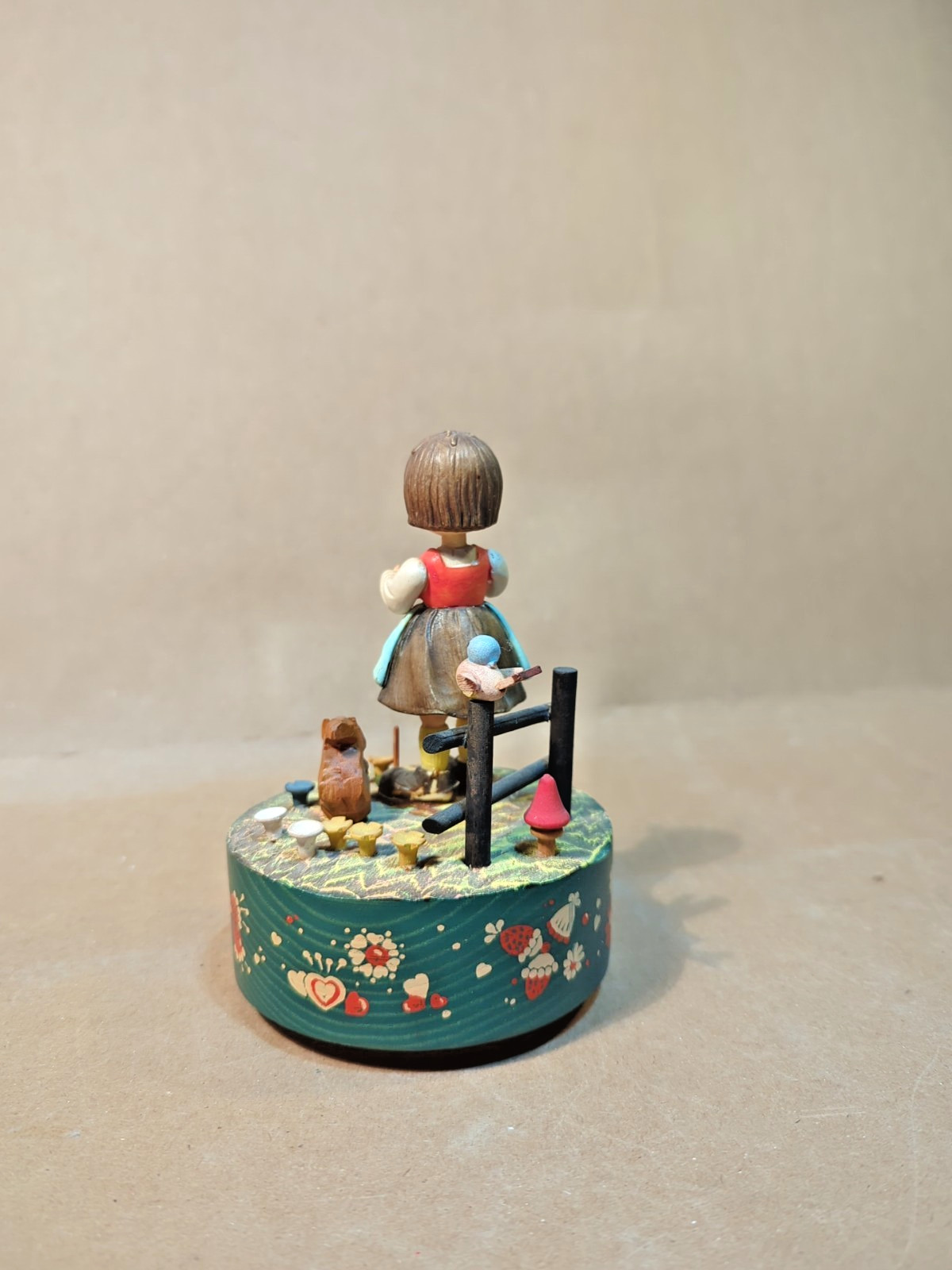 Vintage ANRI Wooden Rotating Music Box Carved Girl Squirrel TALK TO THE ANIMALS
