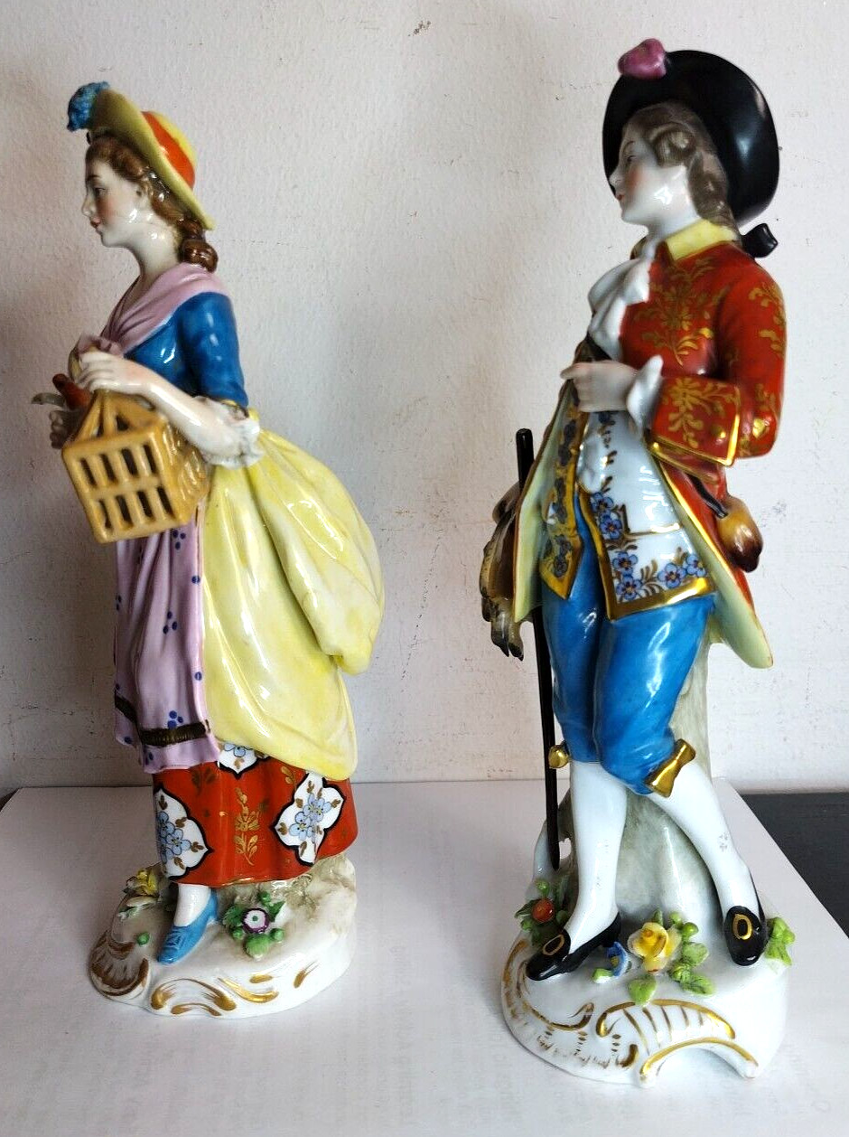Early 29thc Chelsea Samson Couple Birdcage Bird Hunter German Porcelain Figures