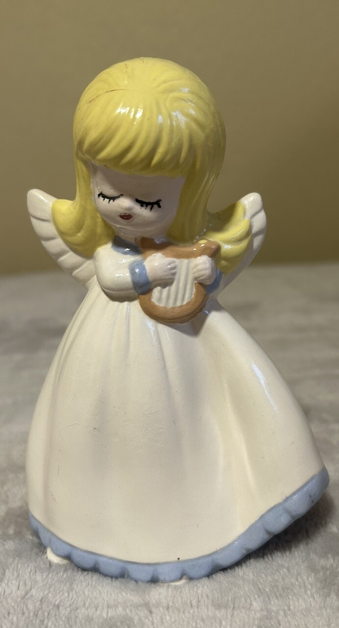 Vintage 6″ Ceramic Blonde Angel Playing Harp White Blue trim Dress Christmas