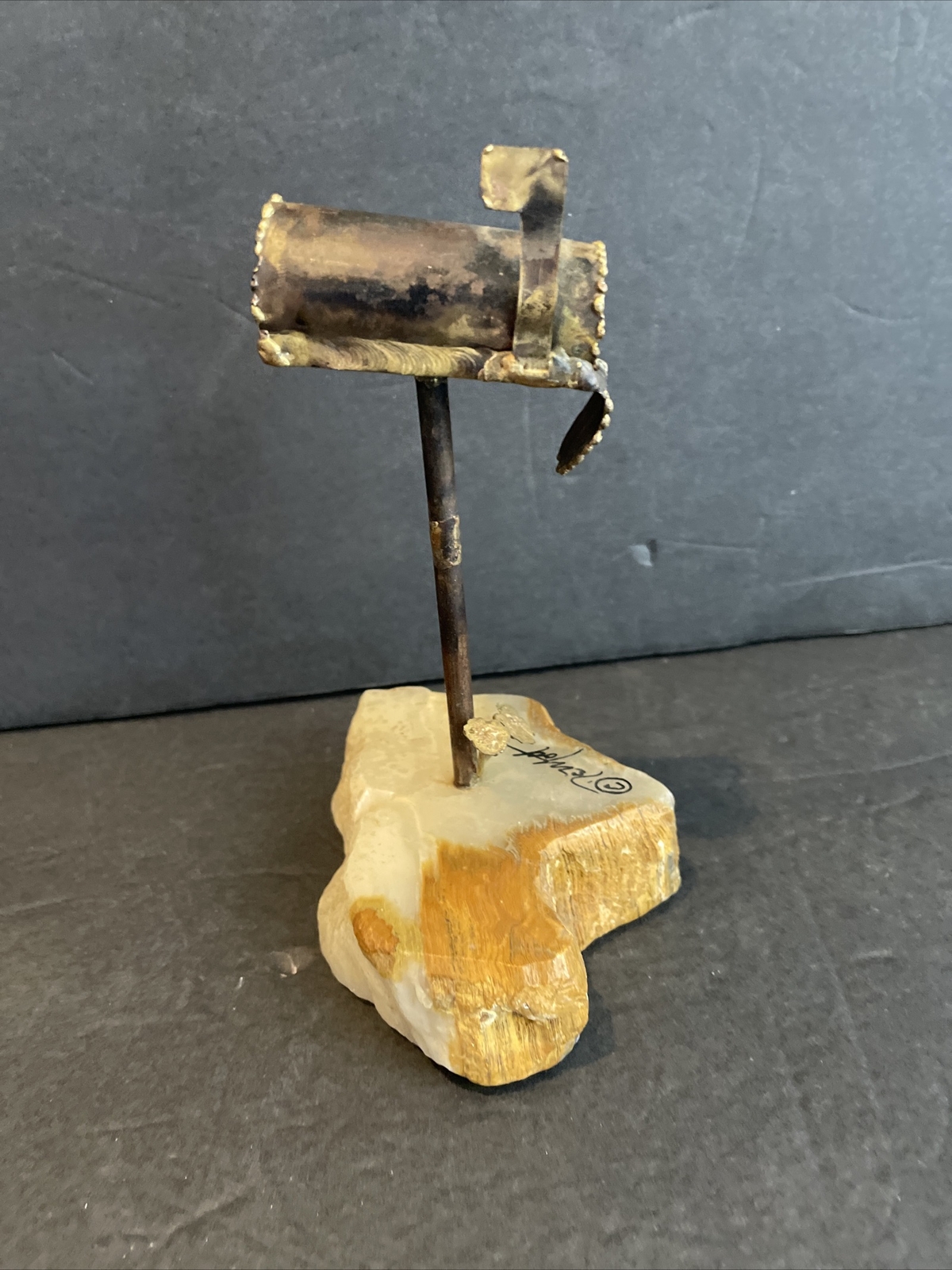 Vintage DeMott Onyx Quartz Stone Rock Brass Metal Mailbox Sculpture Figurine