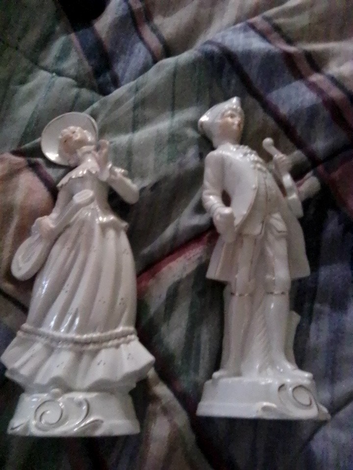 Porcelain Antique Figurines Colonial Couple Playing Instruments (2 Figurines)