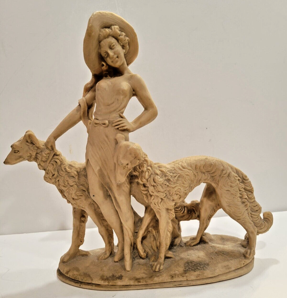11.25″ Art Deco Resin Statue Lady in a Hat w/2 Wolfhound Borzoi Dogs 1920s Style