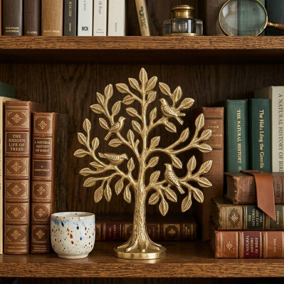Decorative Golden Tree Sculpture with Birds Modern Spiritual Home Accent