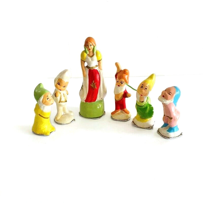 Vintage 30s 40s Snow White 5 Dwarfs Figurines Hand Painted Plaster 6.25in 3.25in