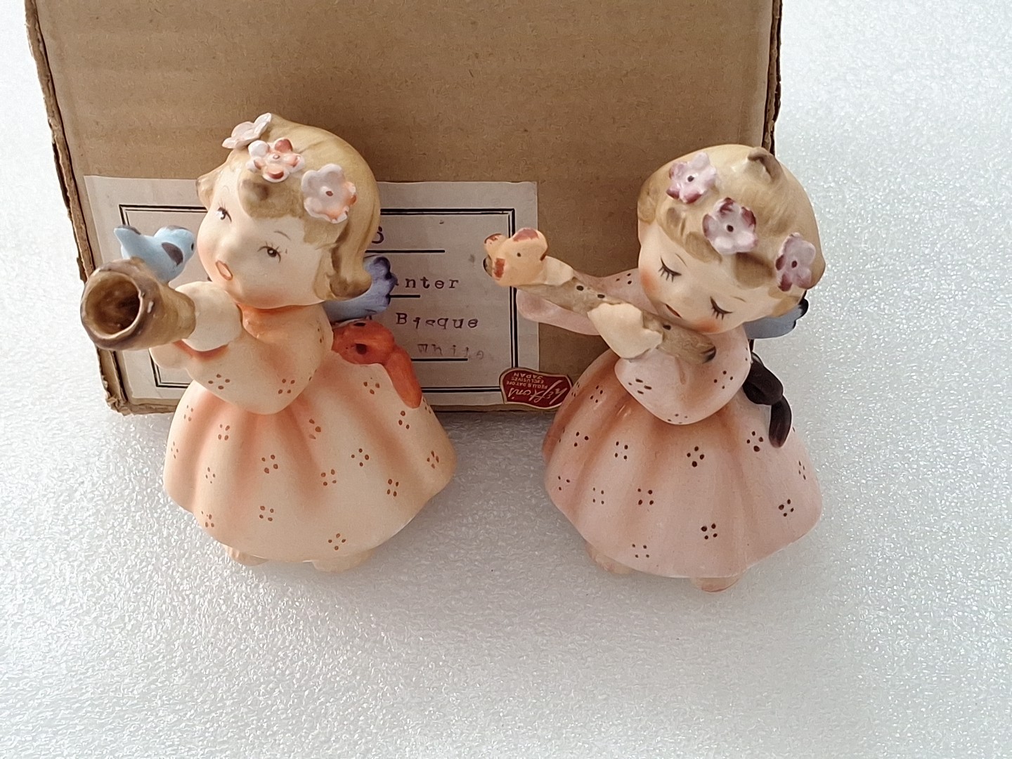 Vintage Lefton Spring Musical Girl Angels Matte Finish Set Of 2 Wonderful, Clean