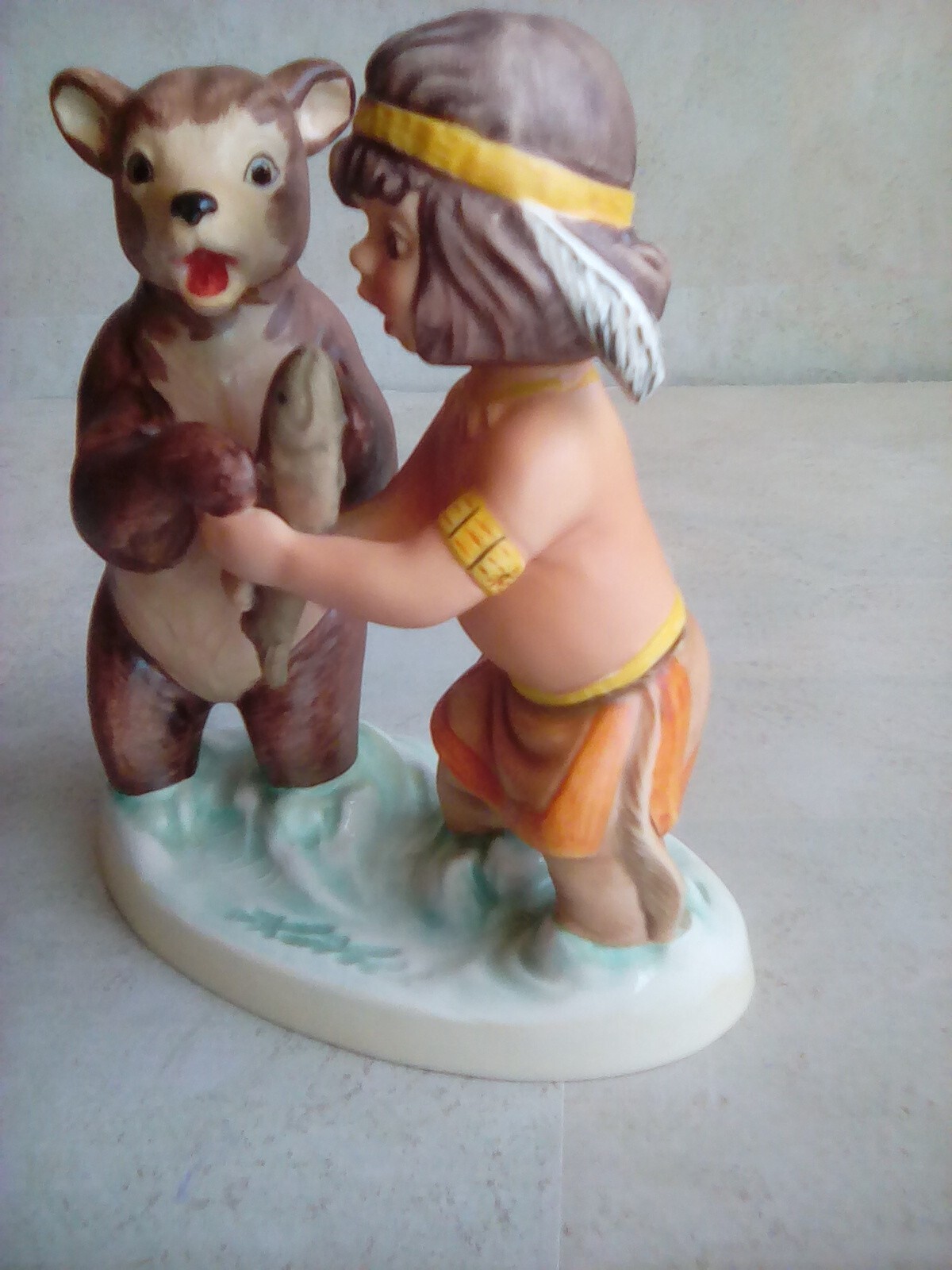 Goebel Hummel Bear and Native Boy WHO’S FISH? 5.5x5x3″ Germany Initialed MA 7d