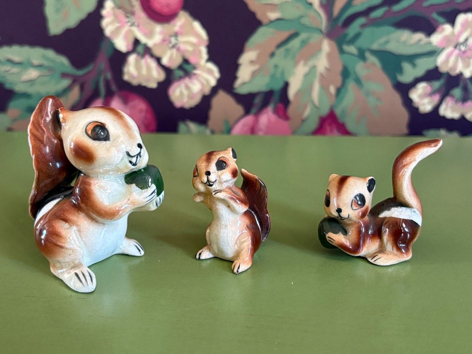 Vintage 3 Small Mid Century Ceramic Squirrels with Nuts Figures w/ Labels Japan