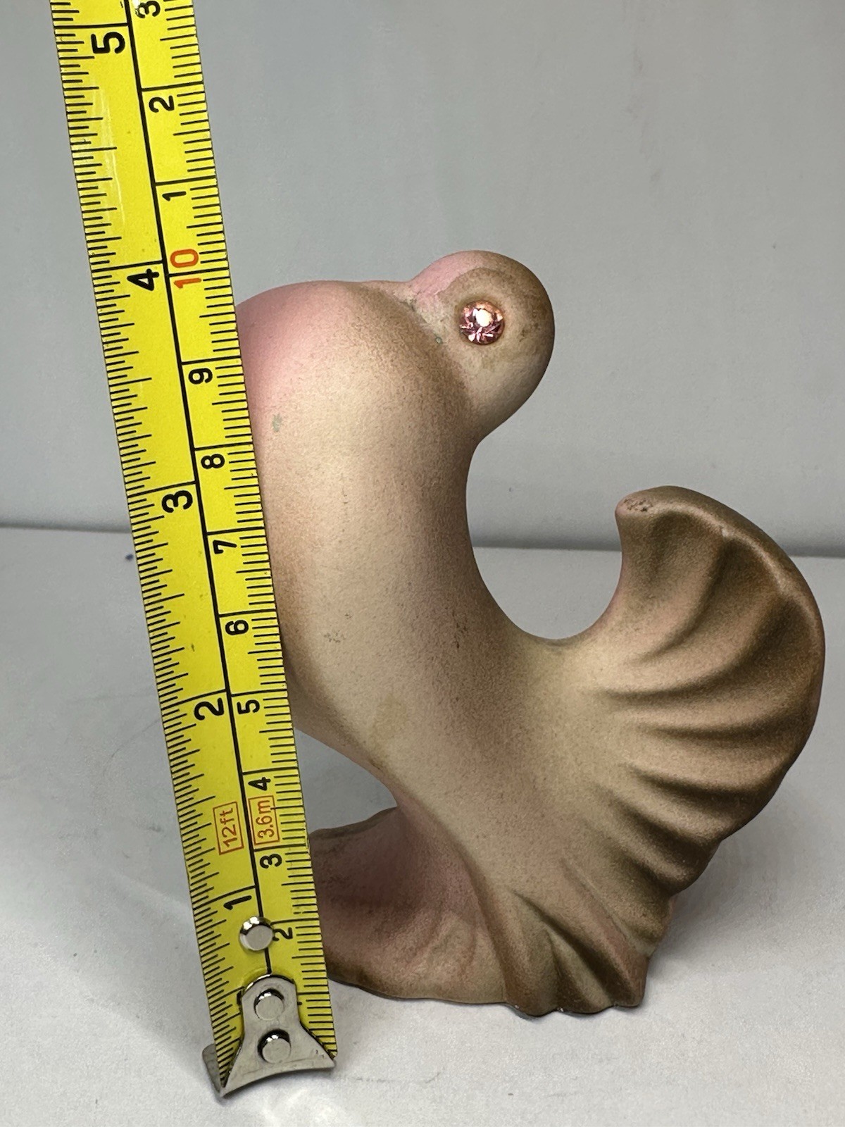 Vintage MCM Ceramic Pink & Brown Dove/Pigeon With Pink Rhinestone Eyes Figurine