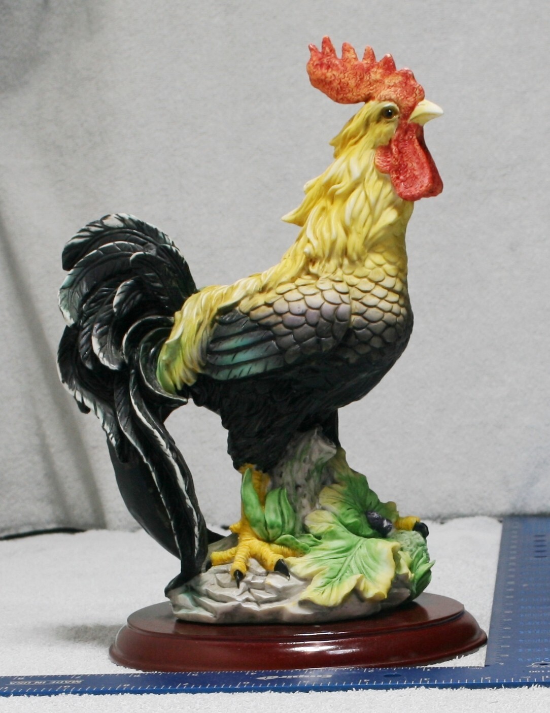 Large 12″ Vintage Rooster Statue – Hand-Painted Fine Detail on Wood Base