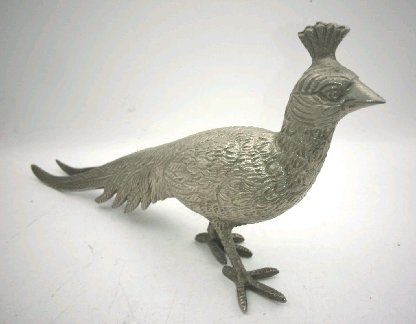 8.75″ Vintage Cast Metal Silver Tone Pheasant Nice Feathers Figurine Bird