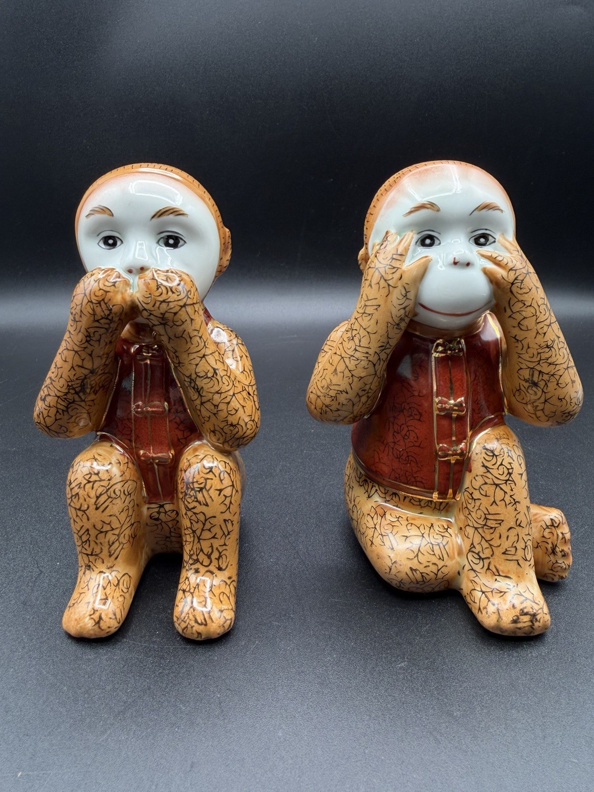 Vintage Ceramic Wise Monkeys See No Evil Speak No Evil Chinese Figurines 5”