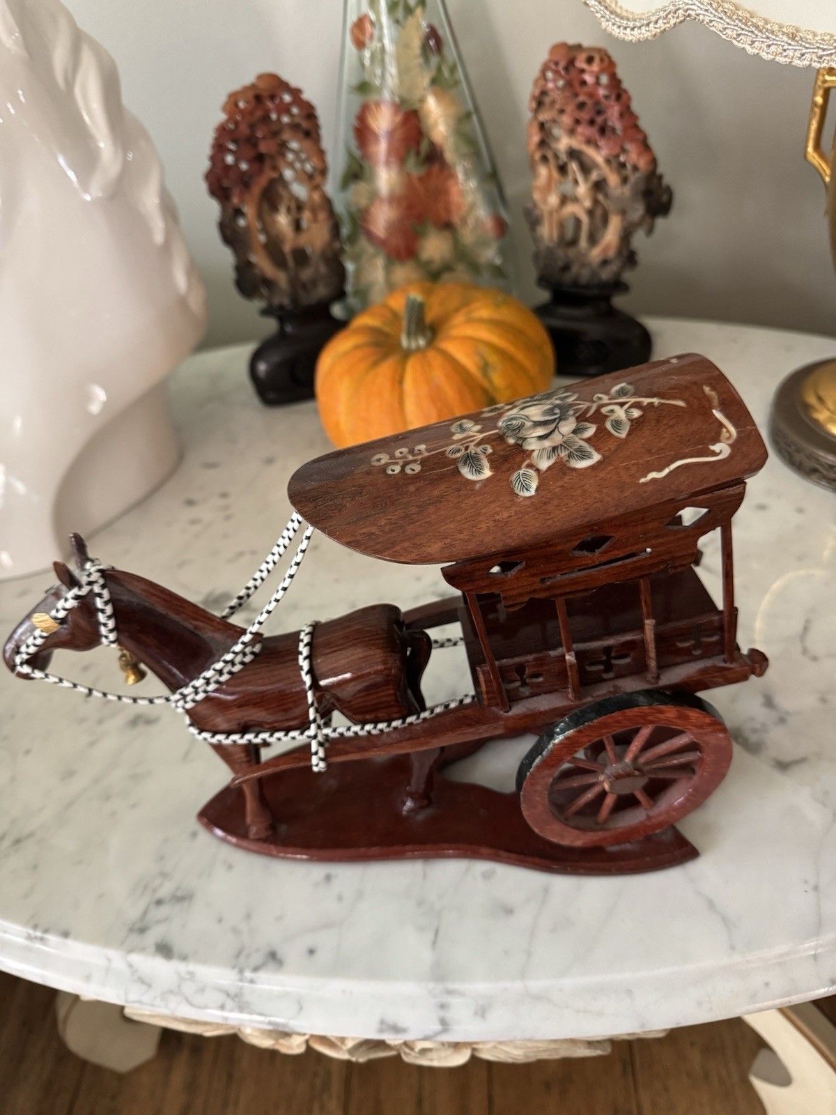 Wooden Horse Cart Vintage / Antique Handicraft Home Abalone Inlays. Floral Wood