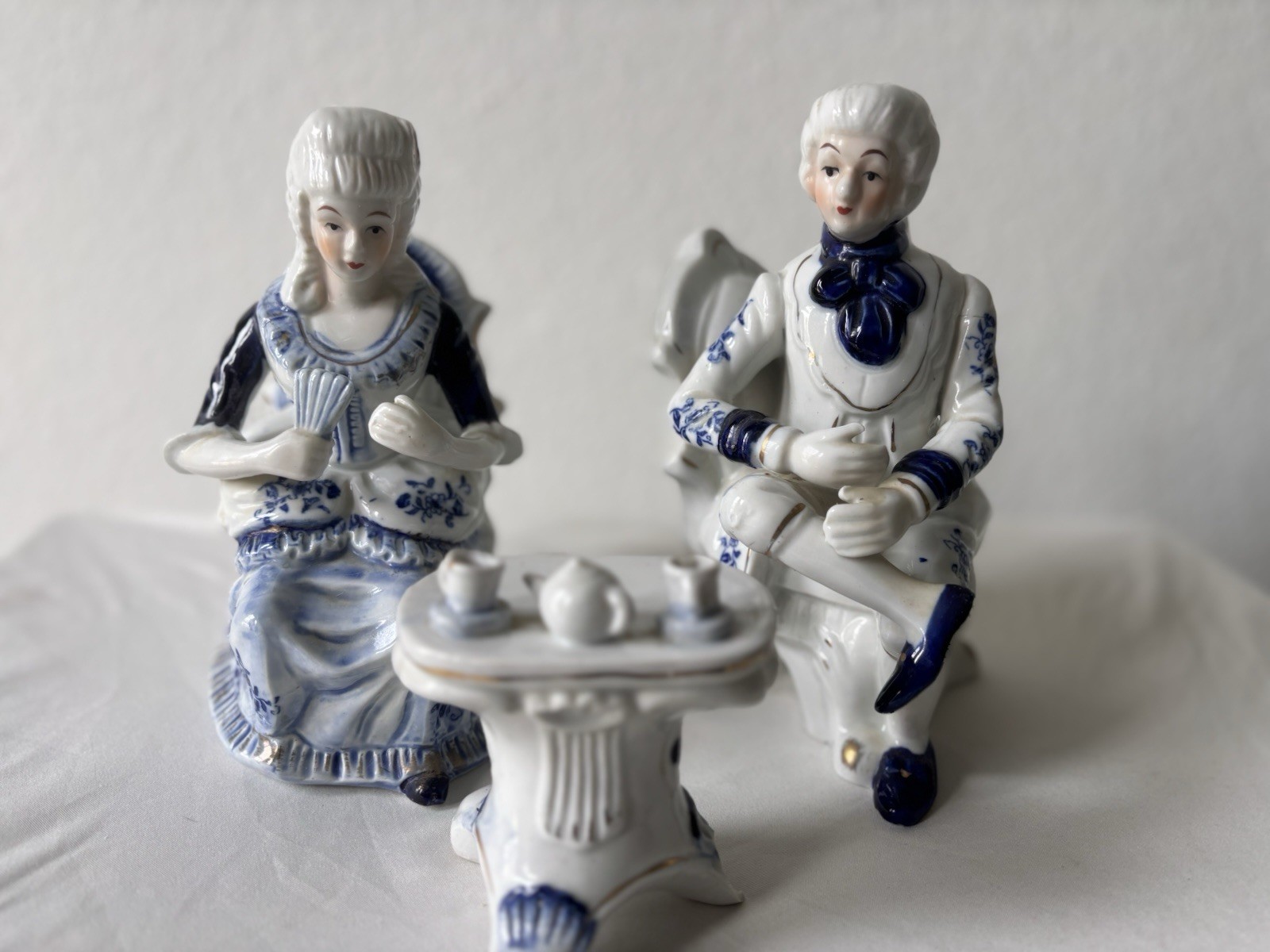 Vintage 3pc set Colonial Couple Having Tea Blue & White Floral Glossy