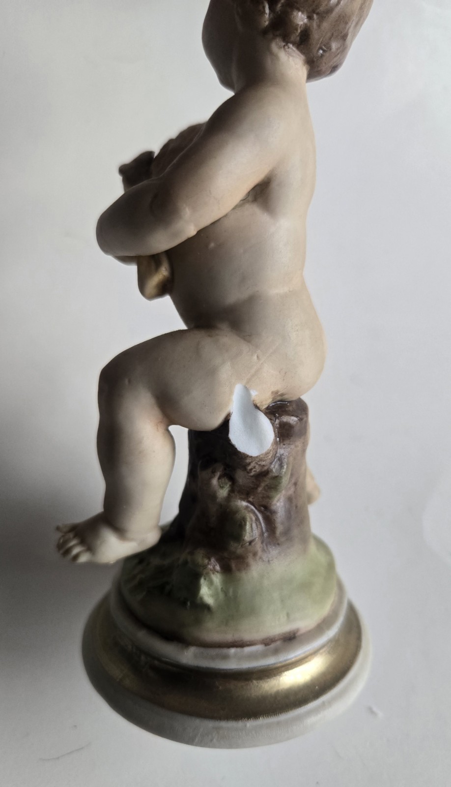 2 ANTIQUE BEAUTIFUL GERMANY CHERUB PUTTI FIGURINE SET MARKED GOLD GILT, 1 AS IS