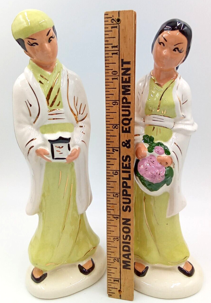 Asian Couple Figurines Statutes Woman Man Porcelain Green White Gold Pink Floral