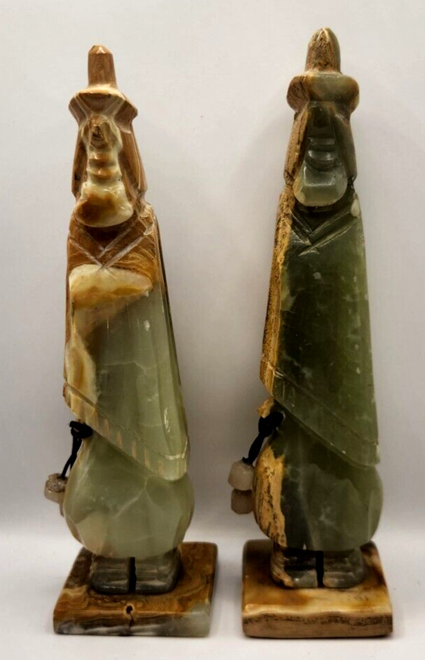Pair Of Carved 9.25″ Onyx Stone Monk Figures Both Have Repairs