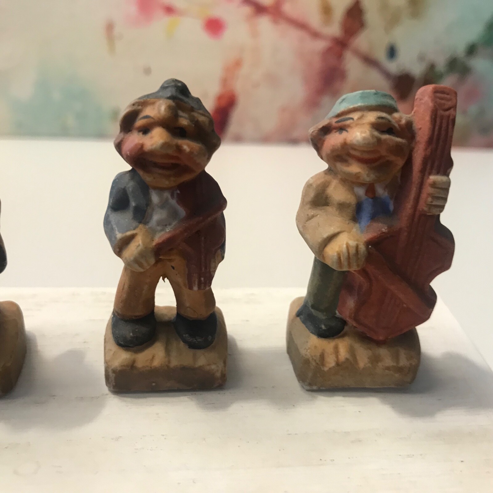 Vintage Ceramic/Chalkware 2” Figurines Men Playing Instruments Japan