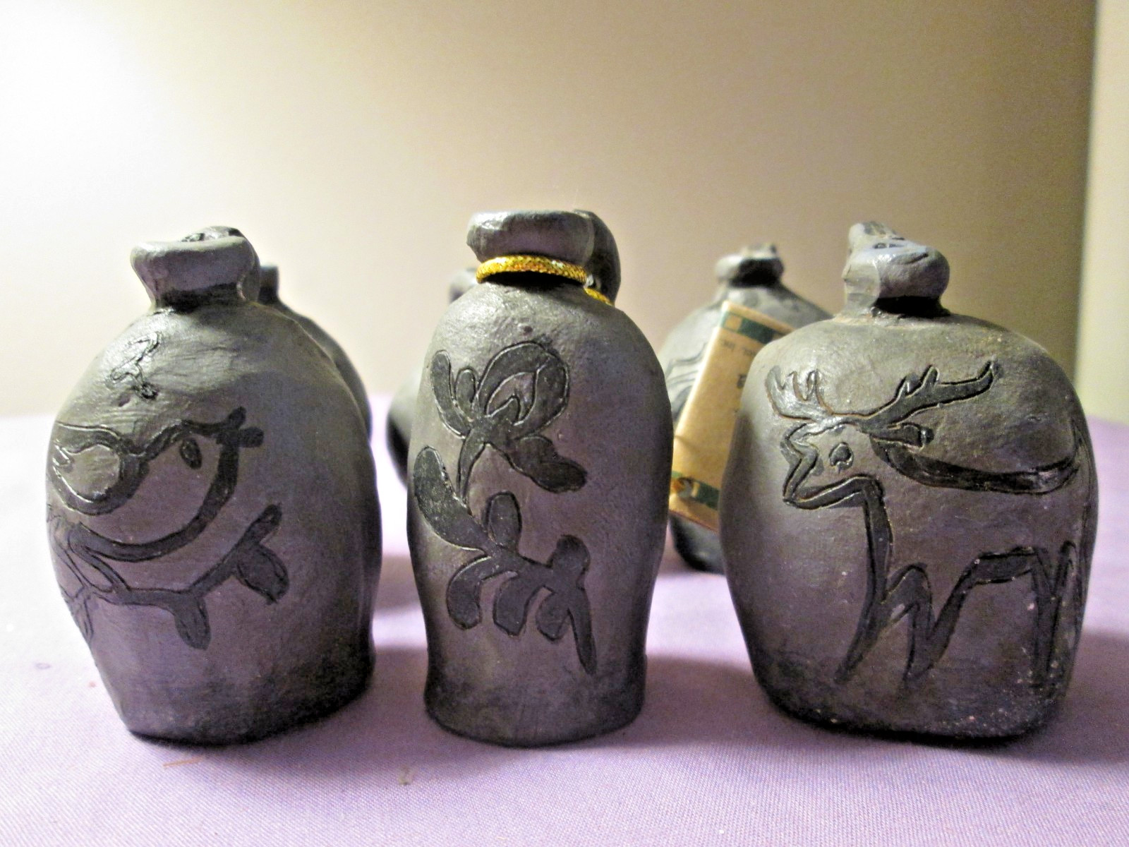 6 Mini Blossom Bucket Rustic Primitive Folk Art Gray & Black Urns Jugs Figurines