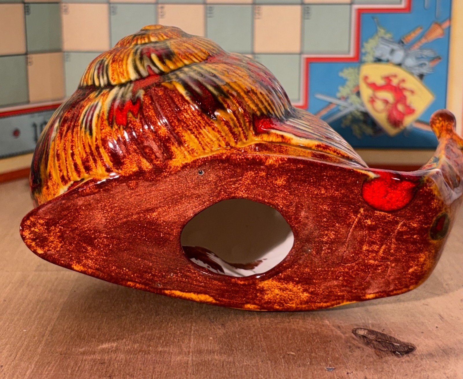 Large Vintage Mid-Century Modern Ceramic Snail Figurine, Mottled Glaze, 4″h, 7″l