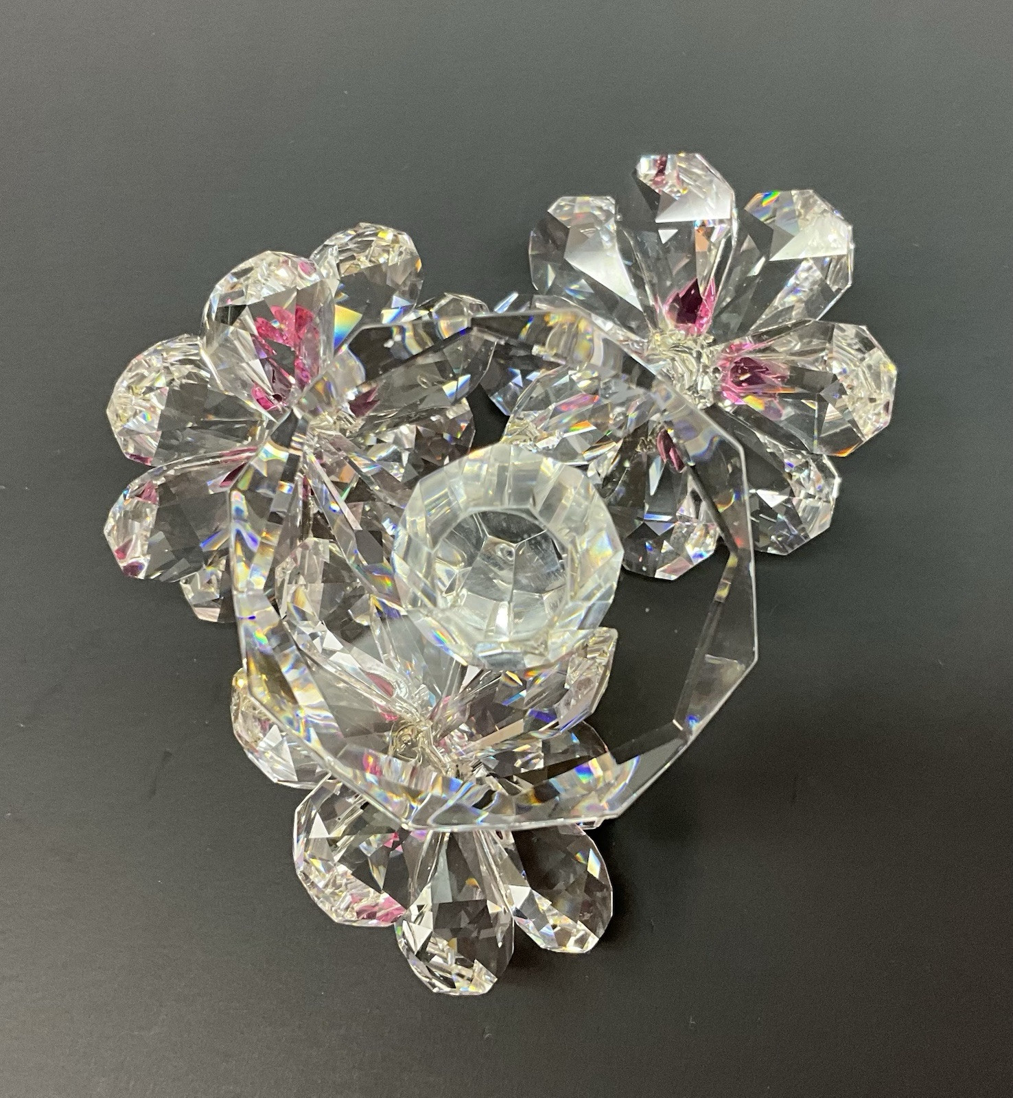 Crystal Clear/Pink Flower Figurine Glass Bouquet Floral On Base Collectible
