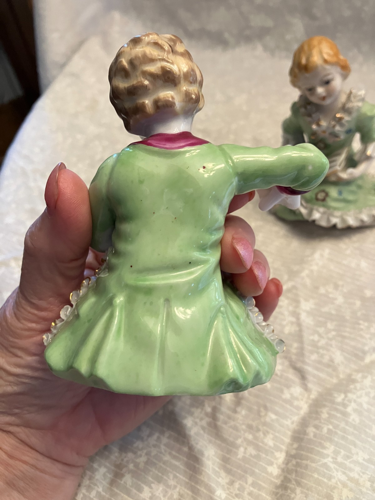 vintage Wales porcelain. Meissen style bone china. Lace boy with flute and girl