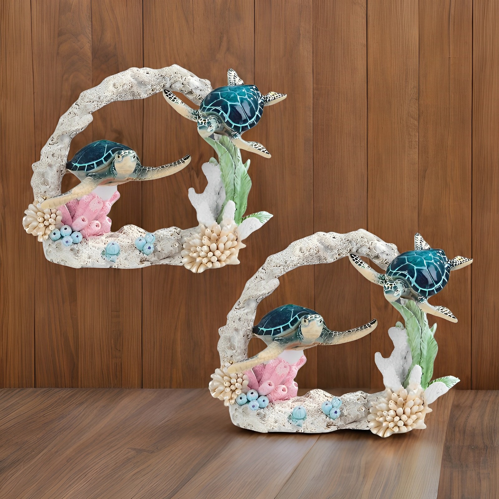 2-PC Gift Set 9″W Blue Sea Turtle Couple Swimming Around Coral Figurine Ornament