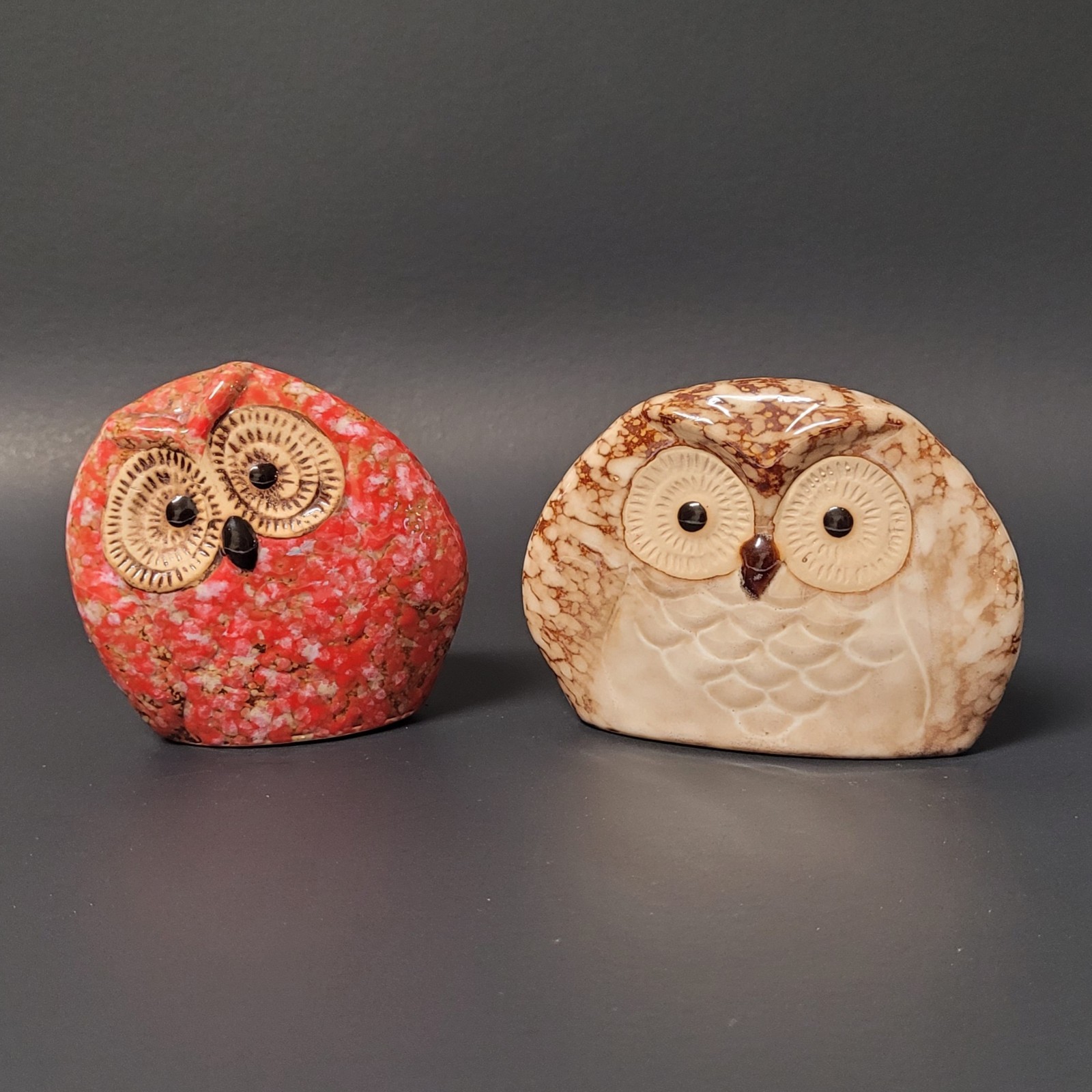 Set of 2 Small Ceramic Owls with Speckled Glaze Red Orange Brown Tan 3″ Tall